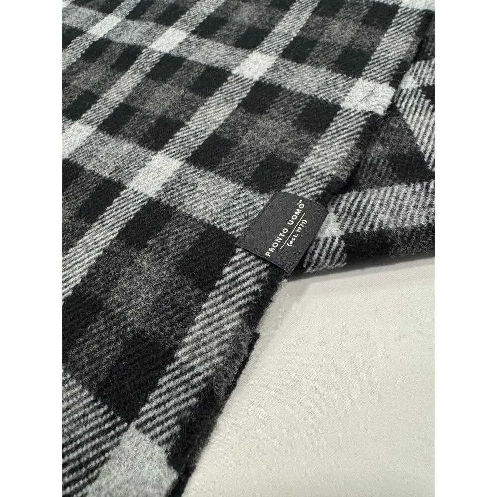 Pronto Uomo‎ Men's Fringe Scarf OS Black Gray White Plaid Acrylic Rectangle